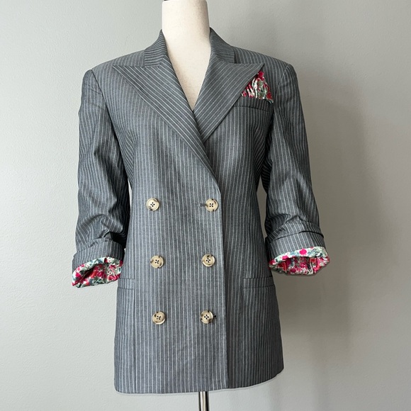 Hellessy Pinstripe Double Breasted Blazer with‎ Floral Accents / SZ 2 - Picture 1 of 10